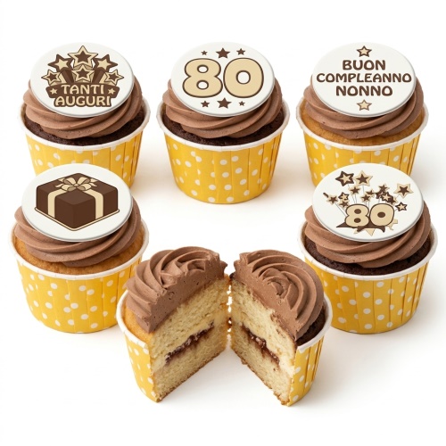 Custom age birthday cupcakes with brown frosting, star toppers, and a gift box design.