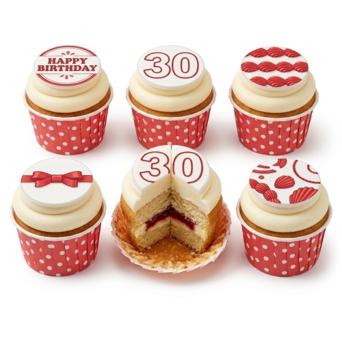Red and white birthday cupcakes with 'Happy Birthday' and '30' toppers, red bow, and patterns.