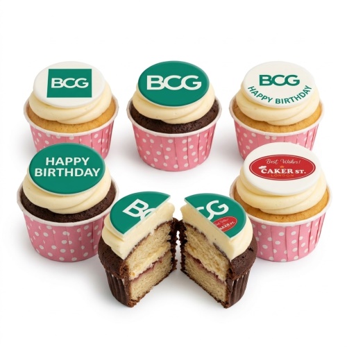 Vanilla and chocolate cupcakes with custom corporate logo and Happy Birthday edible toppers.
