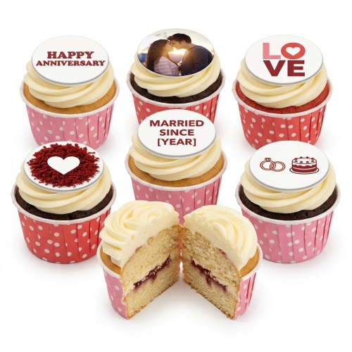 Anniversary cupcakes with personalised photo, 'Happy Anniversary' message, love hearts, and wedding ring toppers.