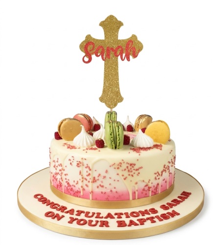 White and pink christening cake with gold glitter cross topper, macarons, raspberries, and sprinkles.