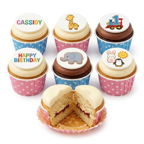 Cute animal and train cupcakes with "Happy Birthday" and custom name for a child's 1st birthday.