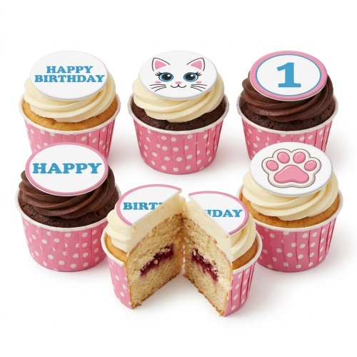 Cute cat and paw print birthday cupcakes with custom age topper.