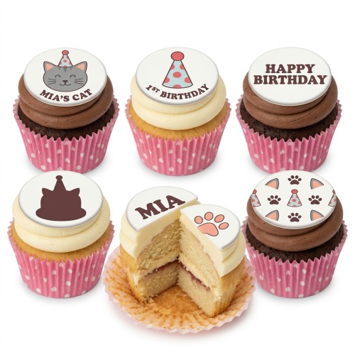 Six cat themed birthday cupcakes with party hats, paw prints, and custom messages.