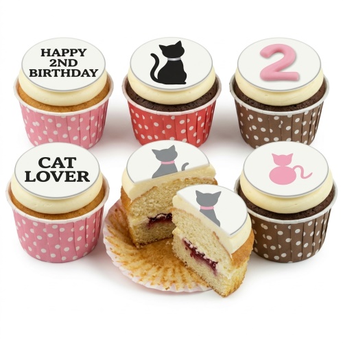 Assortment of cat theme birthday cupcakes with custom age and messages