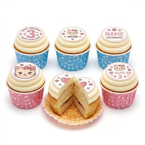 Cute cat theme birthday cupcakes with custom age toppers and polka dot cases.