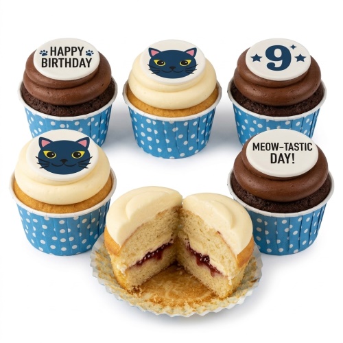 Cat themed birthday cupcakes with cat faces, paw prints, 'Happy Birthday', 'Meow-tastic Day!' and a custom age topper.