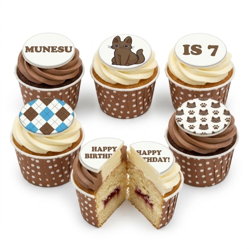 Assortment of cat theme birthday cupcakes with custom name, age, and paw print toppers.