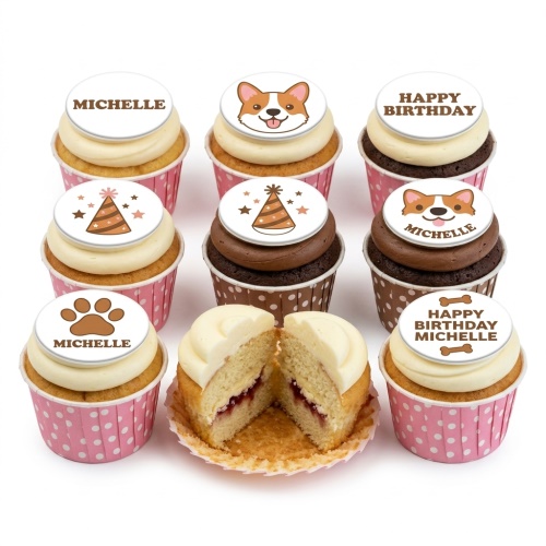 Assortment of Corgi themed birthday cupcakes with paw prints, party hats, and personalised toppers