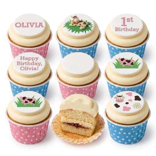 Set of cow themed birthday cupcakes with custom age and name toppers.