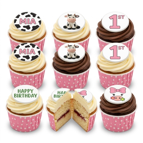 Cupcakes with cow figures, cow print, and custom age/name toppers in pink polka dot cases.