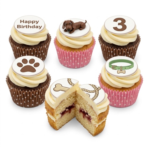 A selection of dog-themed birthday cupcakes with a Dachshund, paw print, dog collar, and custom age topper.