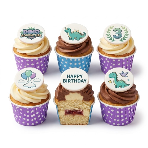 Six dinosaur-themed cupcakes with vanilla and chocolate frosting, featuring edible toppers with dinosaurs, balloons, "Dino Adventure", "Happy Birthday", and a number 3.