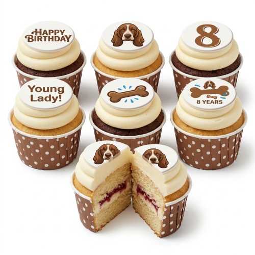 Assortment of dog-themed birthday cupcakes with Basset Hound and bone toppers, custom age option.