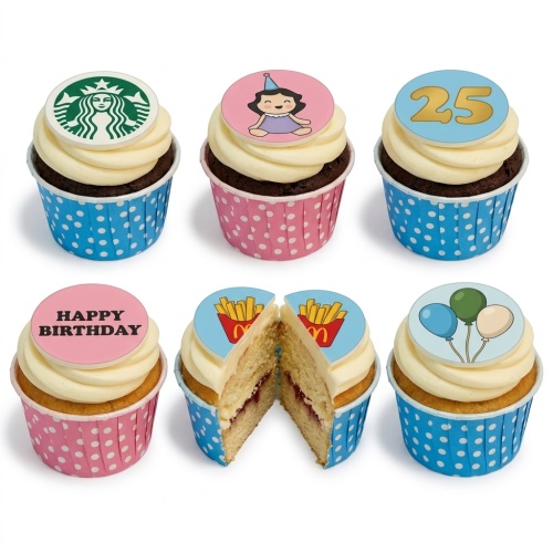 Custom topper birthday cupcakes with cartoon girl, Starbucks, '25', 'Happy Birthday', McDonald's fries, and balloons.