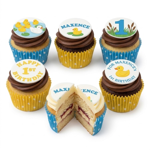 Set of 1st birthday cupcakes with rubber duck and pond themed edible toppers, some with '1st Birthday' text and number '1'.