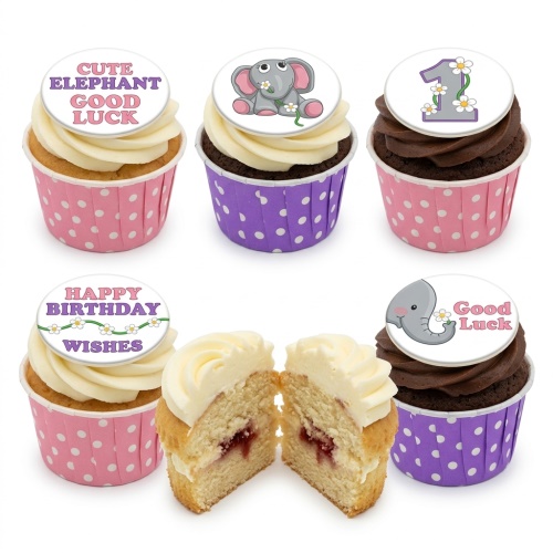 Elephant themed birthday cupcakes with white, pink, and purple wrappers, featuring elephant and number one toppers, and daisy decorations.