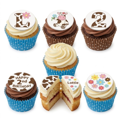 Kids birthday cupcakes with cow print, cartoon cow, and colourful flower edible toppers, with custom age and name examples.