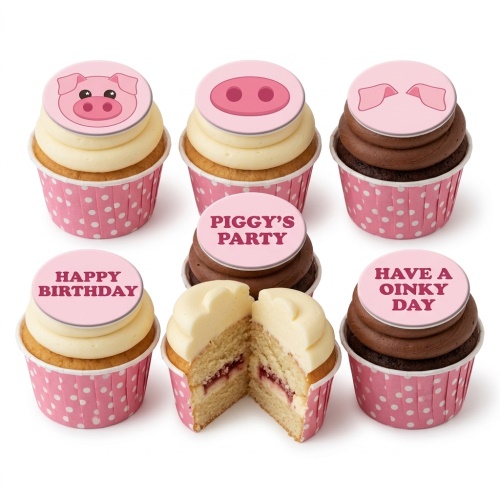 Six pig-themed cupcakes with pink polka dot cases. Toppers show pig faces, snouts, ears, and example messages. One cupcake is cut open revealing a jam filling.