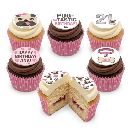 Pug theme birthday cupcakes with pug faces, paw prints, hearts, and customisable messages.