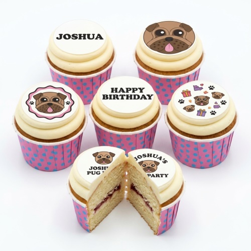 Six cupcakes with pug dog illustrations, paw prints, and gift box toppers in pink polka dot cases.