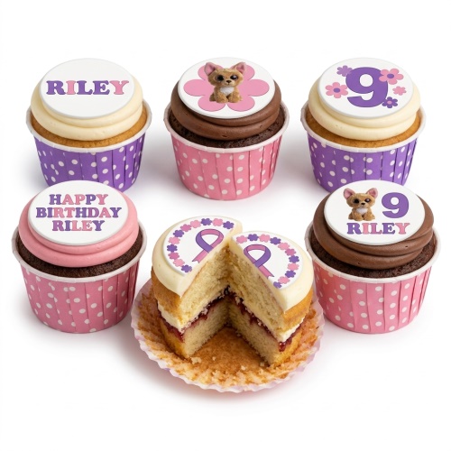 A set of cute dog and floral themed birthday cupcakes with custom age and name toppers.