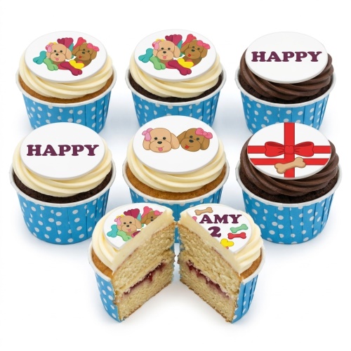 Puppy theme cupcakes with cartoon dogs, bones, and gift bow decorations.