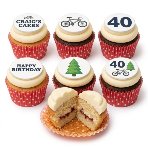 Cupcakes with cycling and tree toppers, "Happy Birthday" and custom age "40" message.