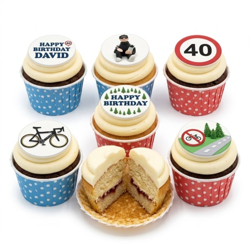 Cycling themed birthday cupcakes with bike, road, and custom age toppers.