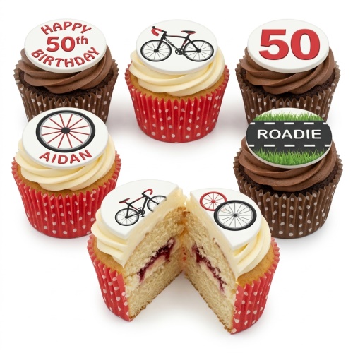 Six cupcakes with cycling themed toppers, including a road bike, wheel, and 'Roadie' sign, with custom age and name examples.