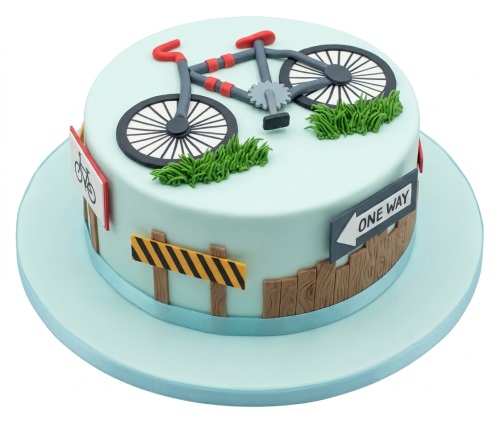 Round light blue fondant cake with a grey and red bicycle topper, green grass, wooden fence, and road signs.