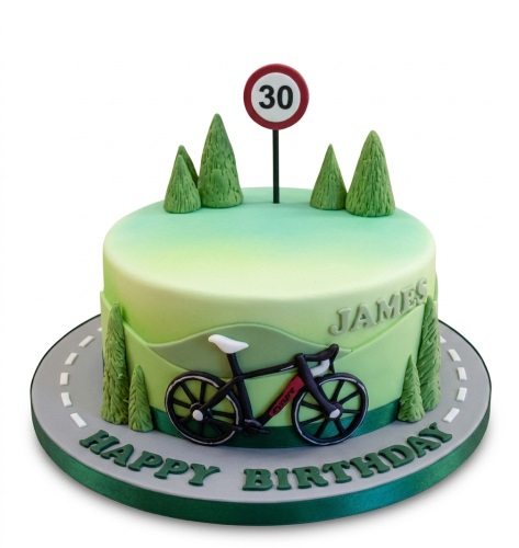 Round green cycling theme birthday cake with a black bicycle, green trees, a road, and a custom age speed limit sign topper.
