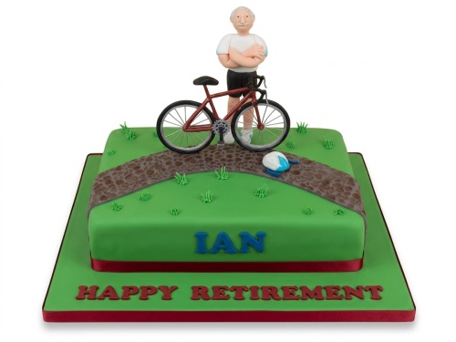 Two-tier square green retirement cake with a male cyclist figure, bicycle, and personalised name.