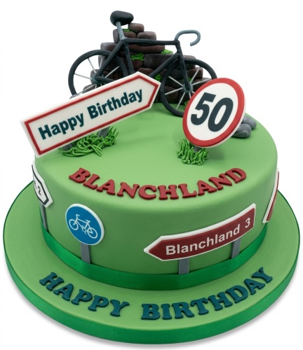 Green two-tier cycling theme birthday cake with a bicycle, road signs, and custom age topper.