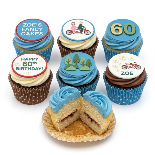 Assortment of cycling theme birthday cupcakes with custom age and personalised name toppers.