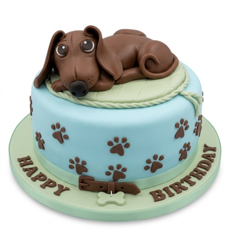 Cute brown Dachshund dog fondant cake with paw prints and "Happy Birthday" message.