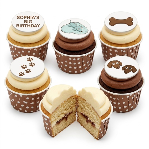Assorted dog theme birthday cupcakes with paw prints, dog bone, and personalised message topper.