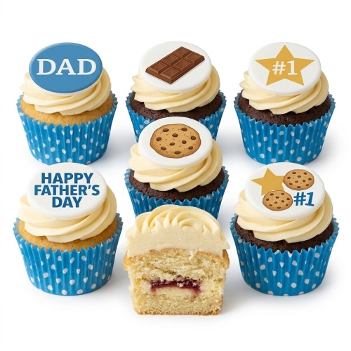 Assortment of Father's Day cupcakes with 'DAD', 'Happy Father's Day', chocolate, cookie, and #1 star toppers.