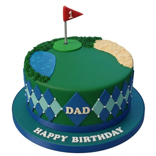 Round green golf course birthday cake with a flag, water hazard, sand trap, and blue argyle pattern.