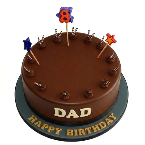 Chocolate birthday cake with star toppers, chocolate swirls, and a personalised message area with a custom age topper.