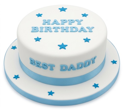 White two-tier birthday cake with blue stars and customisable "Happy Birthday Best Daddy" message.