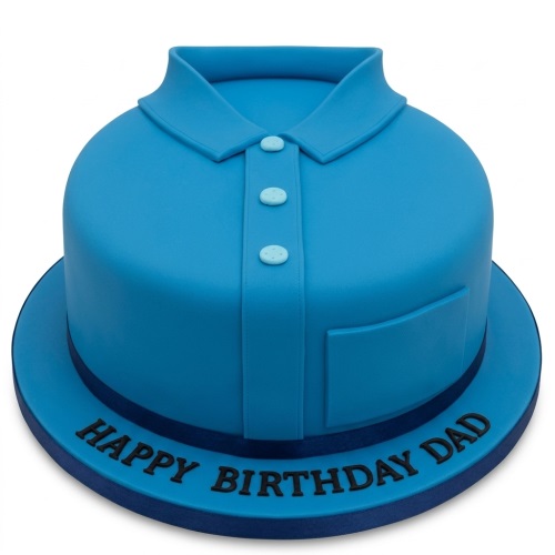 Blue shirt birthday cake with collar, buttons, and pocket detail on a round cake board with a custom message.