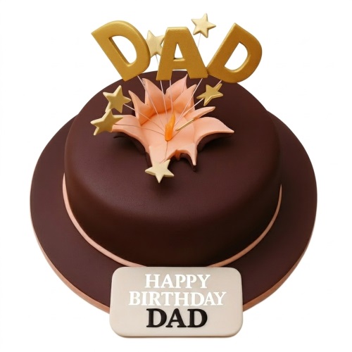 Dark brown birthday cake with gold 'DAD' topper, gold stars, and a peach flower decoration.