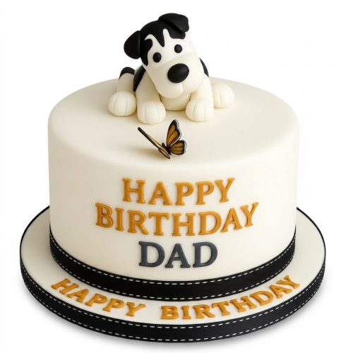 White round birthday cake with a black and white fondant puppy topper and a gold butterfly. Features a black ribbon and custom message.