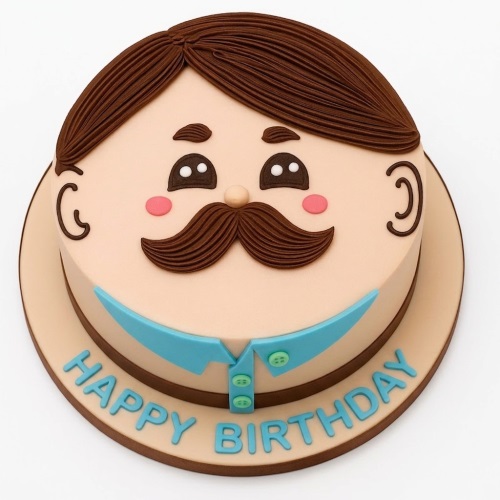 Round birthday cake for men with a cartoon man's face, mustache, brown hair, and blue shirt collar.