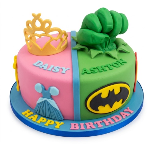 Split birthday cake with pink princess crown and dress, and green Hulk fist with Batman logo.