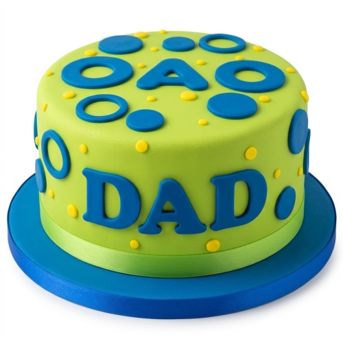 Round lime green cake with blue "DAD" letters, blue circles, and yellow dots on a blue board.