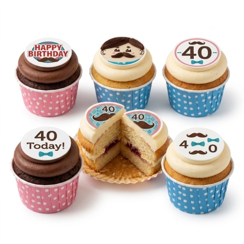 Moustache and bow tie themed birthday cupcakes with custom age topper and "Happy Birthday" message.