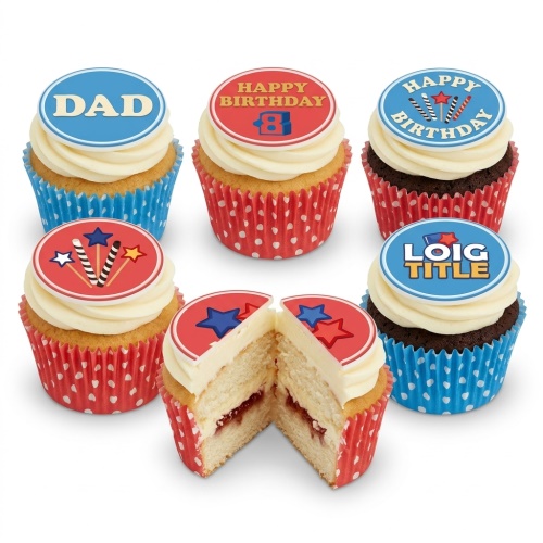 Six birthday cupcakes with red, white, and blue toppers, stars, fireworks, and custom age and message examples.