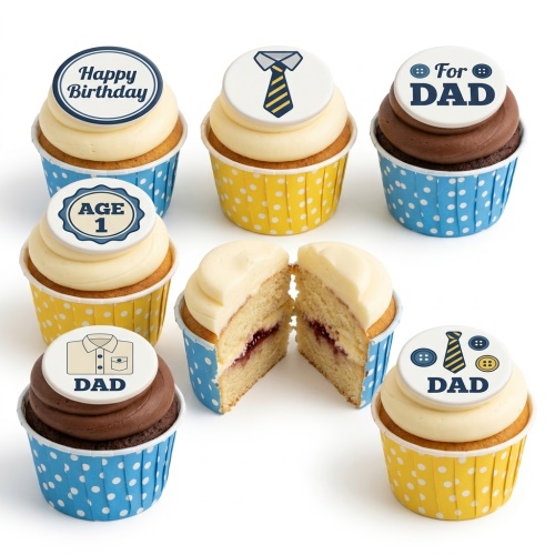 A selection of birthday cupcakes for Dad, decorated with tie, shirt, and button toppers, some with custom age and 'Happy Birthday' messages.